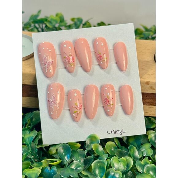 Beautiful Peachy Butterfly/Flowers Handpainted/Designed Reusable Press On Nails - Picture 1 of 5